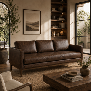 Sofá de Cuero Genuino Marrón Oscuro de Lujo con Patas de Madera Sólida, Estilo Moderno de Mediados de Siglo, Sofá de 3 Plazas para Sala de Estar - Product Image 1
