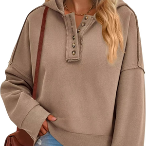 Sudadera Corta de Alta Calidad para Mujer, Sudadera Informal con Capucha, Manga Larga, Cuello en V, Sudadera con Botones - Product Image 1