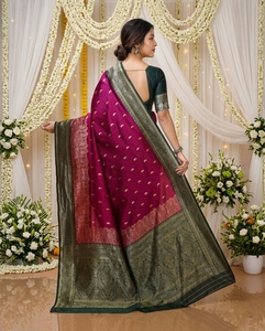 AARA Fashion Saree en soie pour femme, vert, avec bordure violette et rose, tenue de mariage indienne traditionnelle, longueur au sol, coupe classique, toutes tailles - Product Image 3