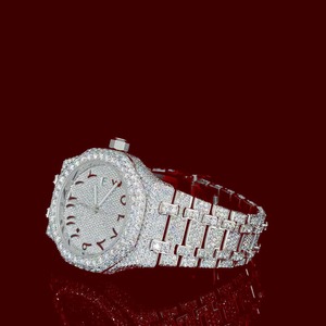 Montre de luxe Moissanite Iced Out avec cadran arabe, ton argenté, entièrement pavée, style Bling, montre tendance Hip Hop, achat en gros USA UK - Product Image 1