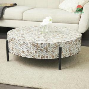Mother of Pearl Shell Geometric Handmade Round Mosaic Inlay <b>Coffee</b> <b>Table</b> with Black Metal <b>Legs</b> - Product Image 3