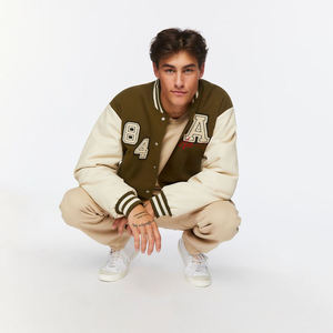 Men's Varsity Jacket Olive Cream Embroidered Casual Style Baseball college jacket Bomber Coat Autumn Casual Outerwear for <b>boys</b> - Product Image 4