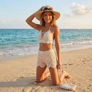 Women's Crochet 2-Piece Shorts Set Halter Top <b>High</b> Waist Above <b>Knee</b> Solid Color Bohemian Summer Style Breathable Cotton Knitted - Product Image 1