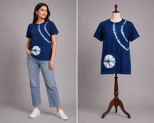 Compra al por mayor camisetas de algodón índigo azul teñidas con efecto tie-dye, unisex, casuales, de manga corta y cuello redondo, proveedor de ropa para hombres y mujeres. - Product Image 1
