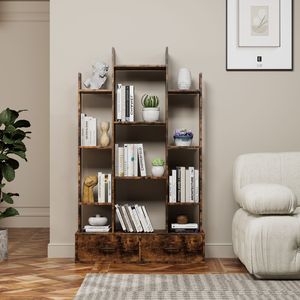 Vintage Industrial Open Display Bookcase with <b>2</b> <b>Drawers</b> and 12 <b>Storage</b> Shelves Freestanding Bookshelf <b>2</b> <b>Drawers</b> - Product Image 1