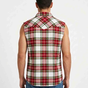 Trendy Custom Men Sleeveless Plaid <b>Flannel</b> Shirt Red <b>White</b> Black Casual Button Down Collar Breathable Cotton Shirts Autumn Style - Product Image 2