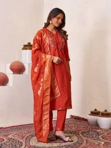 Women's Orange Roman <b>Silk</b> Traditional <b>Kurta</b> Set Hand Embroidered Dupatta Casual Wear India Pakistan Ankle-Length Regular Fit - Product Image 3