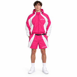 Conjunto de Chaqueta Cortavientos con Capucha Rosa y Pantalones Cortos para Mujer, Ropa Deportiva Ligera de Dos Piezas, Logotipo Personalizado, Ropa Urbana - Product Image 2
