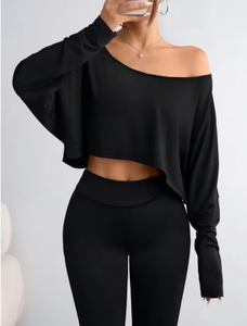Chemise à manches longues noire pour femme, t-shirt décontracté, col asymétrique, haut sans bretelles pour le sport - Product Image 3