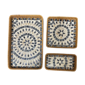 Set 3 Rectangle Rattan Mother Of Pearl Serving Tray Vietnam Manufacture Mosaic Pattern Decorative Home <b>Coffee</b> Plates Wholesale - Product Image 2
