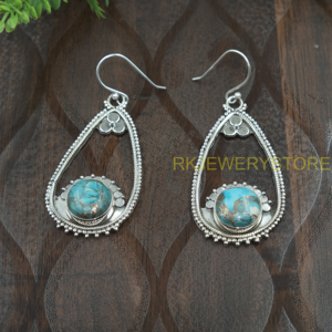 Pendientes Colgantes Hechos a Mano con Turquesa Azul y Cobre, Plata de Ley 925, Estilo Vintage, Joyería Boho para Mujer - Product Image 3