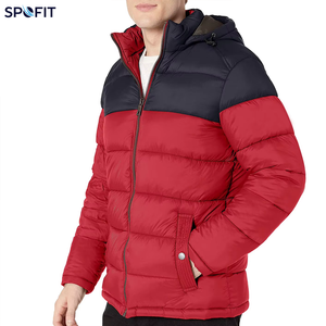<b>Hooded</b> Puffer <b>Jacket</b> <b>Red</b> Navy Color Blocking Winter Thick Polyester Windproof Casual Zipper Closure - Product Image 1
