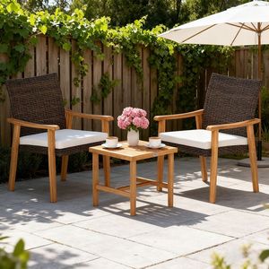 Set Bistrot da Esterno in Legno di Acacia, Collezione di Mobili da Giardino in Rattan PE a 3 Pezzi - Product Image 1