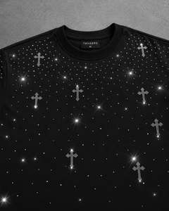 Triveers Luxury - Camiseta extragrande negra con cruz de diamantes de imitación para mujer, camiseta de moda de manga corta de algodón de primera calidad - Product Image 3