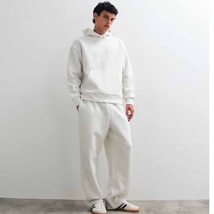 Conjunto de Sudadera con Capucha Blanca para Hombre, 100% Algodón, Corte Holgado, Chándal Informal, Color Sólido, Bolsillos Laterales, Ropa de Otoño - Product Image 4