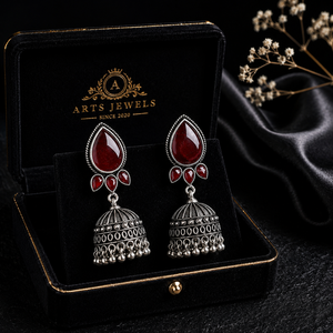 Oxidized <b>Silver</b> Red Stone Bollywood Jhumka <b>Earrings</b> Handmade Teardrop <b>Dangle</b> Ethnic Indian Statement <b>Earrings</b> for Women - Product Image 5