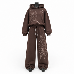 Conjunto Deportivo con Capucha para Mujer, Color Marrón, Manga Larga, Bordado Floral, Corte Holgado, Estilo Casual para Otoño, con Pantalones con Cordón - Product Image 1