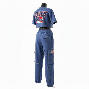 Ensemble femme : tee-shirt court en molleton coton polyester 320 GSM bleu, pantalon cargo patchwork, broderie, logo imprimé. - Product Image 5