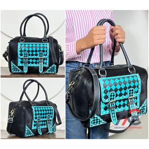 Bolso de Mano de Cuero Vacuno Estilo Rodeo Vintage con Solapa Decorada con Cuadros Turquesa y Negros, Bolso Bandolera y de Hombro para Mujer - Product Image 1