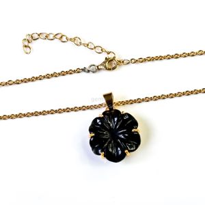 Colgante de flor de ónix negro AAA, collar de cristal con flor para mujer, colgante de ónix negro tallado a mano, joyería artesanal. - Product Image 4