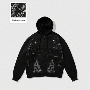 Black Rhinestone Flame Zip Hoodies Cotton Fleece Oversized Hoodies for Men Streetwear Sparkle Detail Bulk Manufacturing - Product Image 1