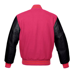 เสื้อแจ็คเก็ตวาร์ซิตี้ผู้ชายแบบสั่งทำพิเศษ สีชมพูสด ผ้าขนสัตว์ แขนหนังสีดำ ตกแต่งด้วยผ้าปะติดด้านหน้า สำหรับนักกีฬาเบสบอลวิทยาลัยและเด็ก - Product Image 2