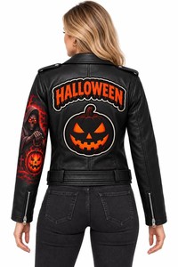 Chaqueta de moto de cuero genuino de doble cara para mujer, diseño de Calabaza y Ceñador de Almas, manga larga, negra, para otoño y Halloween - Product Image 5
