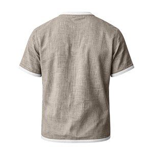Camiseta de Verano para Hombre, Estampada, de Algodón y Lino, Manga Corta, Cuello Redondo, Ligera, Transpirable, con Ribete en Contraste y Bolsillo en el Pecho - Product Image 4