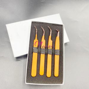 Pinzas para Volumen de Pestañas, Pinzas Curvas Semi-Rígidas, Pinzas con Punta Dorada Rosa, Pinzas con Recubrimiento en Polvo Naranja, Acero Sostenible, Etiqueta Personalizada - Product Image 4