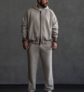 Conjunto de Sudadera con Capucha y Pantalones de Chándal Beige para Hombre 2026, Cierre Completo, Ajuste Holgado, Color Sólido, Ropa Casual de Otoño, 100% Algodón de Peso Medio - Product Image 1