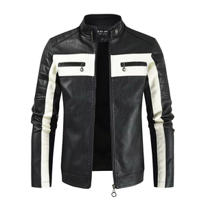 BLOODLINE Men's PU Leather Moto <b>Biker</b> <b>Jacket</b> Slim Fit Zipper Closure Stand Collar Color Blocking Design Autumn Wear - Product Image 4