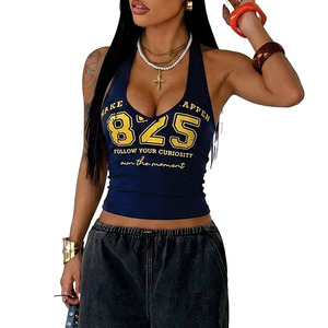 Custom logo Sexy Ladies Vintage Number Print Halter Tank <b>Top</b> Women Y2K Slim Fit Backless Camisole Streetwear OEM Women's Shirts - Product Image 6