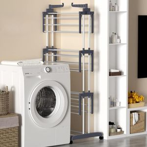 Étagère à linge portable pliable en acier inoxydable à 4 niveaux, 24 barres de suspension, 14 crochets, hauteur de 67,7 pouces, 4 roulettes pour le séchage - Product Image 6