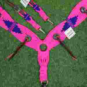 Juego de cabezada de mohair rosa y real hecho a mano y personalizable con cincha delantera a juego de 32 pulgadas en cuero argentino - Product Image 3