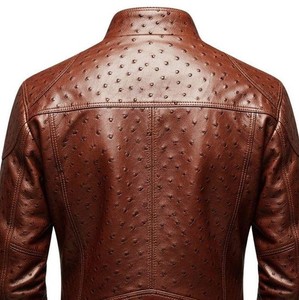 Veste en cuir d'autruche marron gaufré pour homme, style motard, fermeture éclair, col rabattable, vêtement d'hiver, personnalisation disponible - Product Image 6
