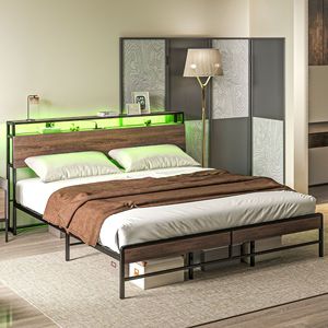 Letto Matrimoniale King Size in MDF Noce con Luci LED, Stazione di Ricarica, Testiera Silenziosa e Contenitore - Product Image 2