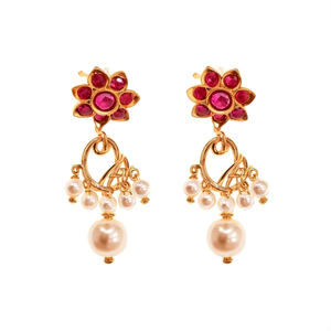 Ruby Small Jhumka Earrings-Gold Plated Brass Ethnic Charm Earrings with Zircon Amethyst & Pearl for Wedding - Product Image 1