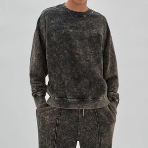Acid Wash Cropped Hoodie with Embroidered Distressed Patch Vintage Knitted <b>Weave</b> - Product Image 3