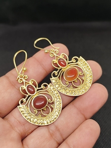 New Arrival Brass Gold Plated Orange Quartz Stone Flower Patterned Handmade <b>Earrings</b> for Women Girls Wear Wedding Party's - Product Image 3
