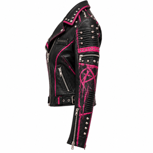 Chaqueta de Cuero Genuino para Mujer, Estilo Gótico Punk, Personalizada con Tachuelas, Cinturón Metálico, Chaqueta Corta, Proveedor de Fábrica OEM - Product Image 4