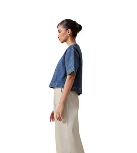 Top Corto de Mezclilla para Mujer, Cuello Redondo, Manga Corta, Corte Holgado, Color Sólido, Casual, Primavera Verano, 100% Algodón Tejido - Product Image 3