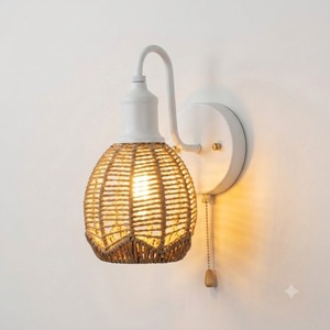 Handwoven Rattan Wall Lamp With <b>Pull</b> Chain Switch Boho Wicker Sconce For Bedroom Bedside Natural Bamboo Wall <b>Light</b> For Living - Product Image 1