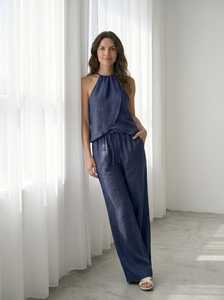 Women Solid Washed Vintage <b>Linen</b> Co-Ord <b>Set</b> Sleeveless Halter Top Wide Leg Pants Summer Resort Wear - Product Image 3