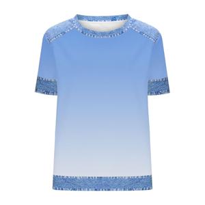 Camiseta de Manga Corta para Mujer, Cuello Redondo, Color Azul Degradado, Tejido de Poliéster, Estilo Casual, Corte Regular, para Primavera/Verano - Product Image 1