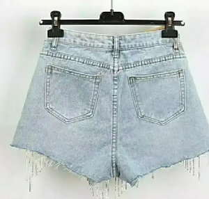 Women's High Waist Denim Shorts <b>Asymmetric</b> Tassel Distressed Washed Cotton Casual Summer Shorts - Product Image 1