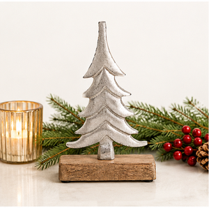 Handcrafted Silver Aluminum Metal Christmas <b>Tree</b> Sculpture On Mango Wood Base Modern Minimalist <b>Tabletop</b> Xmas Decor Centerpiece - Product Image 6