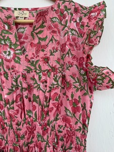 Women's Pink Floral Cotton Maxi <b>Dress</b> Ruffle Short Sleeve Boho Summer Wear Shirred Waist Elegant Party <b>Dress</b> - Product Image 3