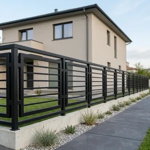 Barrière de sécurité extérieure robuste en fer à lattes horizontales noires modernes, résistante à la rouille, pour villa, jardin et usage résidentiel - Product Image 1