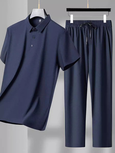 Men Summer Plus Size Casual Solid Color Two Piece <b>Set</b> <b>Knitted</b> Polyester Polo Shirt Drawstring Pants High Street Style Quick Dry - Product Image 5