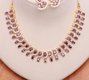 African Amethyst Elegant <b>Necklace</b> Set | 22K Gold Plated Purple Stone Jewelry for Women Evening <b>Necklace</b> Modern Ethnic Jewellery - Product Image 1